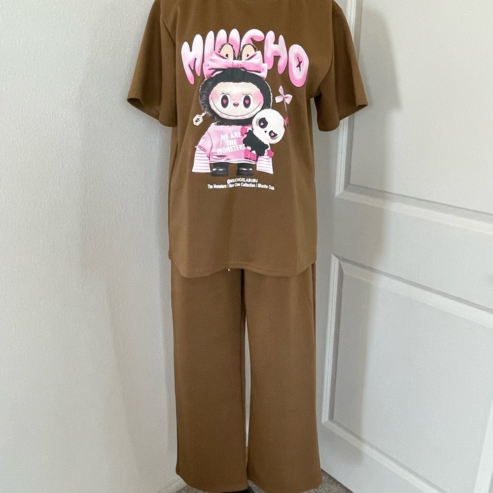 Brown Kids Pajamas with Pink Graphic